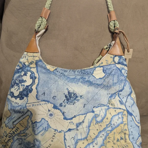 Fossil Blue and Cream Map Print Hobo Bag - Picture 2 of 7